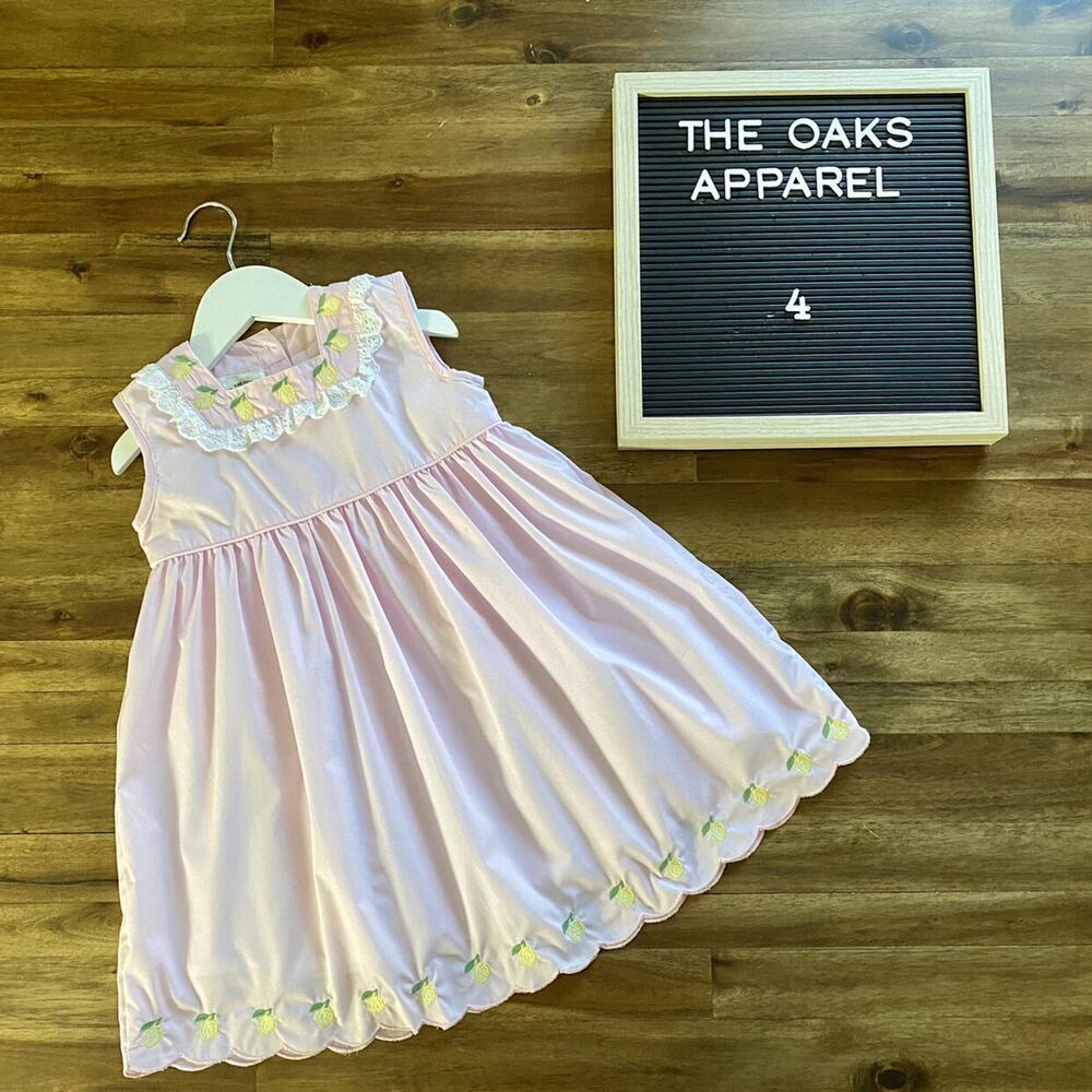 The Oaks Apparel Lulu Pink Yellow Embroidered Lemons Sleeveless Lace Dress 4